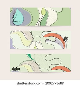 Abstract vector banner template with hand drawn fruits grunge textured. Flat colored food concept illustration. Healthy eating web promotion. Line art fruit logo design. Curvy wavy lines.