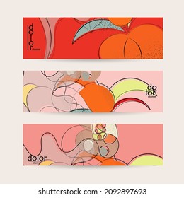 Abstract vector banner template with hand drawn fruits grunge textured. Flat colored food concept illustration. Healthy eating web promotion. Line art fruit logo design. Curvy wavy lines.