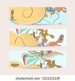 Abstract vector banner template with hand drawn fruits grunge textured. Flat colored food concept illustration. Healthy eating web promotion. Line art fruit logo design. Curvy wavy lines.