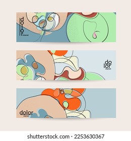 Abstract vector banner template with hand drawn fruits grunge textured. Flat colored food concept illustration. Healthy eating web promotion. Line art fruit logo design. Curvy wavy lines.