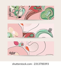 Resumen de la plantilla de banner vectorial con frutos dibujados a mano grunge texturado. Ilustración del concepto de comida de color plano. Promoción web de alimentación saludable. Diseño del logo de la fruta de la línea. Líneas onduladas con curvas.