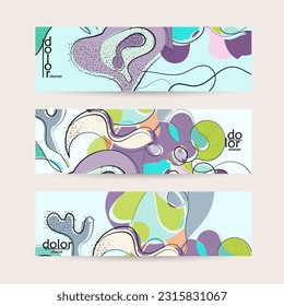 Abstract vector banner template with hand drawn fruits grunge textured. Flat colored food concept illustration. Healthy eating web promotion. Line art fruit logo design. Curvy wavy lines.