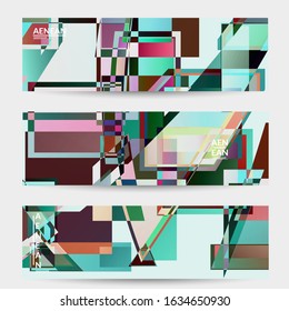 Abstract vector banner template. Large vibrant colored overlapping squares. Retro TV test glitch effect digital art. Pixel uneven geometric pattern. Big data cyberspace computer filtered texture.