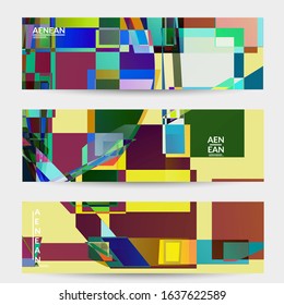 Abstract vector banner template. Large vibrant colored overlapping squares. Retro TV test glitch effect digital art. Pixel uneven geometric pattern. Big data cyberspace computer filtered texture.