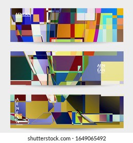 Abstract vector banner template. Large vibrant colored overlapping squares. Retro TV test glitch effect digital art. Pixel uneven geometric pattern. Big data cyberspace computer filtered texture.