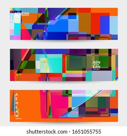 Abstract vector banner template. Large vibrant colored overlapping squares. Retro TV test glitch effect digital art. Pixel uneven geometric pattern. Big data cyberspace computer filtered texture.