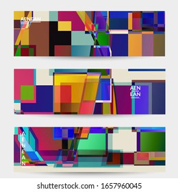 Abstract vector banner template. Large vibrant colored overlapping squares. Retro TV test glitch effect digital art. Pixel uneven geometric pattern. Big data cyberspace computer filtered texture.