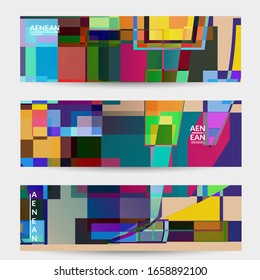 Abstract vector banner template. Large vibrant colored overlapping squares. Retro TV test glitch effect digital art. Pixel uneven geometric pattern. Big data cyberspace computer filtered texture.