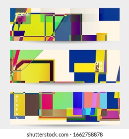 Abstract vector banner template. Large vibrant colored overlapping squares. Retro TV test glitch effect digital art. Pixel uneven geometric pattern. Big data cyberspace computer filtered texture.