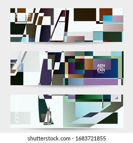 Abstract vector banner template. Large vibrant colored overlapping squares. Retro TV test glitch effect digital art. Pixel uneven geometric pattern. Big data cyberspace computer filtered texture.