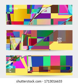 Abstract vector banner template. Large vibrant colored overlapping squares. Retro TV test glitch effect digital art. Pixel uneven geometric pattern. Big data cyberspace computer filtered texture.
