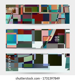 Abstract vector banner template. Large vibrant colored overlapping squares. Retro TV test glitch effect digital art. Pixel uneven geometric pattern. Big data cyberspace computer filtered texture.
