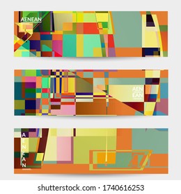 Abstract vector banner template. Large vibrant colored overlapping squares. Retro TV test glitch effect digital art. Pixel uneven geometric pattern. Big data cyberspace computer filtered texture.