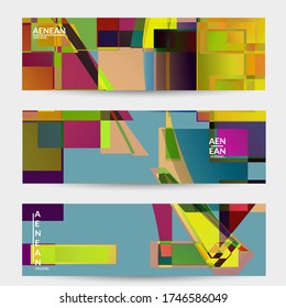 Abstract vector banner template. Large vibrant colored overlapping squares. Retro TV test glitch effect digital art. Pixel uneven geometric pattern. Big data cyberspace computer filtered texture.