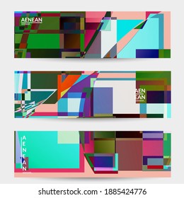 Abstract vector banner template. Large vibrant colored overlapping squares. Retro TV test glitch effect digital art. Pixel uneven geometric pattern. Big data cyberspace computer filtered texture.