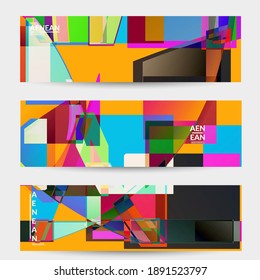 Abstract vector banner template. Large vibrant colored overlapping squares. Retro TV test glitch effect digital art. Pixel uneven geometric pattern. Big data cyberspace computer filtered texture.