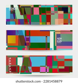 Abstract vector banner template. Large vibrant colored overlapping squares. Retro TV test glitch effect digital art. Pixel uneven geometric pattern. Big data cyberspace computer filtered texture.