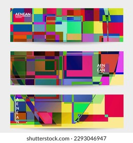 Abstract vector banner template. Large vibrant colored overlapping squares. Retro TV test glitch effect digital art. Pixel uneven geometric pattern. Big data cyberspace computer filtered texture.