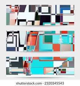 Abstract vector banner template. Large vibrant colored overlapping squares. Retro TV test glitch effect digital art. Pixel uneven geometric pattern. Big data cyberspace computer filtered texture.