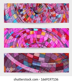 Abstract vector banner template with multicolored wire frame geometric shapes. Striped linear texture. Futuristic design. 3D science model digital technology concept. Retro colored digital art.