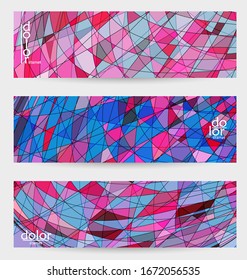 Abstract vector banner template with multicolored wire frame geometric shapes. Striped linear texture. Futuristic design. 3D science model digital technology concept. Retro colored digital art.