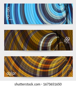 Plantilla de banner vectorial abstracta con formas geométricas de marco de cable multicolor. Textura lineal a rayas. Diseño futurista. Concepto de tecnología digital modelo 3D. Arte digital de color retro.