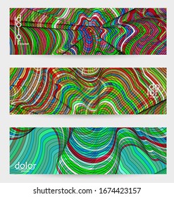 Abstract vector banner template with multicolored wire frame geometric shapes. Striped linear texture. Futuristic design. 3D science model digital technology concept. Retro colored digital art.