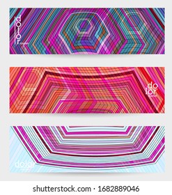 Abstract vector banner template with multicolored wire frame geometric shapes. Striped linear texture. Futuristic design. 3D science model digital technology concept. Retro colored digital art.