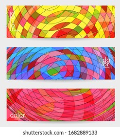 Abstract vector banner template with multicolored wire frame geometric shapes. Striped linear texture. Futuristic design. 3D science model digital technology concept. Retro colored digital art.