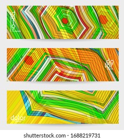 Abstract vector banner template with multicolored wire frame geometric shapes. Striped linear texture. Futuristic design. 3D science model digital technology concept. Retro colored digital art.