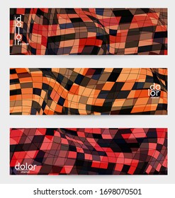 Abstrakte Vektorbanner-Vorlage mit mehrfarbigen Drahtrahmen-geometrischen Formen. Stripte lineare Struktur. Futuristisches Design. 3D-Wissenschaftsmodell für digitale Technologie Konzept. Retro farbige digitale Kunst.