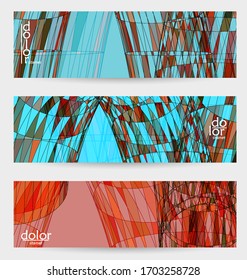 Abstract vector banner template with multicolored wire frame geometric shapes. Striped linear texture. Futuristic design. 3D science model digital technology concept. Retro colored digital art.