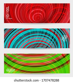 Abstract vector banner template with multicolored wire frame geometric shapes. Striped linear texture. Futuristic design. 3D science model digital technology concept. Retro colored digital art.