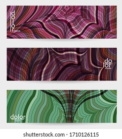 Abstract vector banner template with multicolored wire frame geometric shapes. Striped linear texture. Futuristic design. 3D science model digital technology concept. Retro colored digital art.