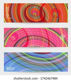 Abstract vector banner template with multicolored wire frame geometric shapes. Striped linear texture. Futuristic design. 3D science model digital technology concept. Retro colored digital art.