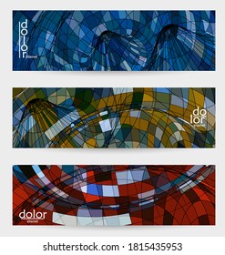 Abstract vector banner template with multicolored wire frame geometric shapes. Striped linear texture. Futuristic design. 3D science model digital technology concept. Retro colored digital art.