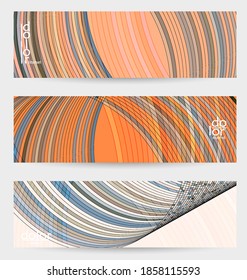 Abstract vector banner template with multicolored wire frame geometric shapes. Striped linear texture. Futuristic design. 3D science model digital technology concept. Retro colored digital art.