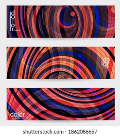 Abstract vector banner template with multicolored wire frame geometric shapes. Striped linear texture. Futuristic design. 3D science model digital technology concept. Retro colored digital art.