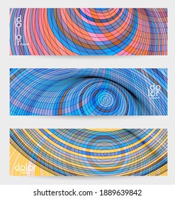 Abstract vector banner template with multicolored wire frame geometric shapes. Striped linear texture. Futuristic design. 3D science model digital technology concept. Retro colored digital art.