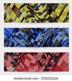 Plantilla de pancarta de vector abstracto con formas geométricas de marco de hilo multicolor. Textura lineal a rayas. Diseño futurista. Concepto de tecnología digital de modelo de ciencia 3D. Arte digital de color retro.