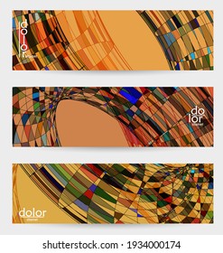 Abstract vector banner template with multicolored wire frame geometric shapes. Striped linear texture. Futuristic design. 3D science model digital technology concept. Retro colored digital art.