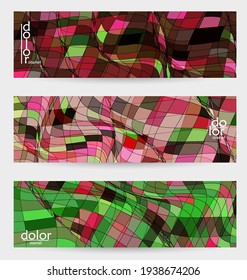 Abstract vector banner template with multicolored wire frame geometric shapes. Striped linear texture. Futuristic design. 3D science model digital technology concept. Retro colored digital art.