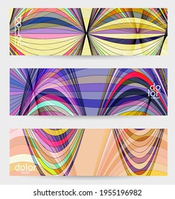 Abstract vector banner template with multicolored wire frame geometric shapes. Striped linear texture. Futuristic design. 3D science model digital technology concept. Retro colored digital art.