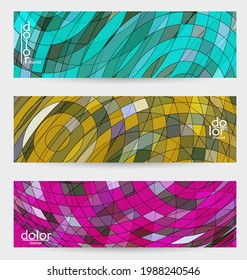 Abstract vector banner template with multicolored wire frame geometric shapes. Striped linear texture. Futuristic design. 3D science model digital technology concept. Retro colored digital art.