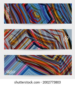 Plantilla de pancarta de vector abstracto con formas geométricas de marco de hilo multicolor. Textura lineal a rayas. Diseño futurista. Concepto de tecnología digital de modelo de ciencia 3D. Arte digital de color retro.