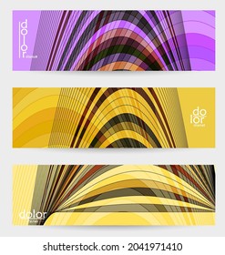 Abstract vector banner template with multicolored wire frame geometric shapes. Striped linear texture. Futuristic design. 3D science model digital technology concept. Retro colored digital art.