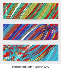 Abstract vector banner template with multicolored wire frame geometric shapes. Striped linear texture. Futuristic design. 3D science model digital technology concept. Retro colored digital art.