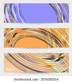 Abstract vector banner template with multicolored wire frame geometric shapes. Striped linear texture. Futuristic design. 3D science model digital technology concept. Retro colored digital art.
