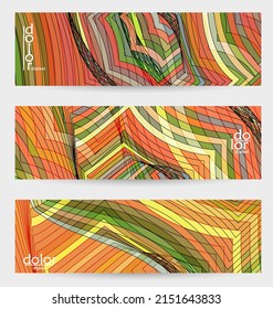 Abstract vector banner template with multicolored wire frame geometric shapes. Striped linear texture. Futuristic design. 3D science model digital technology concept. Retro colored digital art.