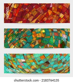 Abstract vector banner template with multicolored wire frame geometric shapes. Striped linear texture. Futuristic design. 3D science model digital technology concept. Retro colored digital art.